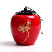 陶瓷普洱茶罐密封陶罐存茶防潮茶叶罐小青柑干果罐茶缸存茶罐特价 红釉-描金荷花