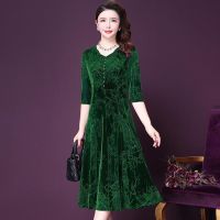 婚礼礼服2020新款中年洋气贵夫人妈妈装喜婆婆中长款连衣裙 绿色 [五分袖] L