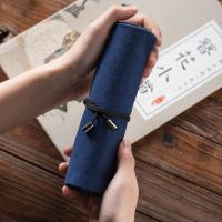 中国宫廷复古风卷笔袋故宫创意钢笔袋卷笔帘日式文艺大学生文具盒 时蓝(送铜尺+金属燕尾夹)