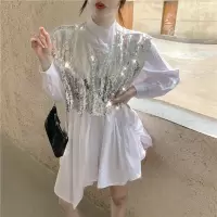 套装2020新款重工亮片披肩秋装宽松休闲长袖衬衫连衣裙女装两件套 银白色亮片披肩 S