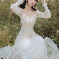 双层网纱 法式超仙连衣裙女2021春夏新款小礼服亮片森系仙女裙 杏色 S