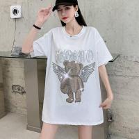 短袖t恤女2021夏装新款 潮流烫钻翅膀小熊宽松百搭中长款上衣女潮 白色 关注店铺领优惠券 S 105斤以内