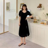 大码气质小黑裙2021夏新款泡泡袖收腰显瘦小个子黑色开叉连衣裙女 黑色长款 S