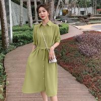 法式小众衬衫连衣裙女中长款2021年夏季新款收腰显瘦桔梗气质长裙 奶绿色 S 建议(80-100斤)