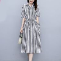 高端棉麻连衣裙夏季薄款2021新款女收腰遮肉显瘦条纹亚麻衬衫裙子 藏青色 M [建议80-100斤]