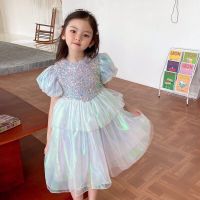 儿童连衣裙夏装2021新款女童洋气艾莎公主裙女孩人鱼姬渐变亮片裙 人鱼姬-蓝色 100