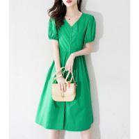 MOHO&MO 2021年夏季新品时尚气质淑女收腰泡泡袖V领系带女连衣裙 翠绿色 S