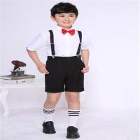 儿童背带裤演出服男背带裤合唱团服装小学生朗诵表演服女童舞蹈裙 短袖+短裤+背带+红色领结+袜子 110