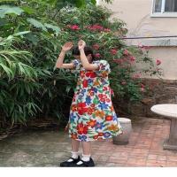 2021夏新款大码泡泡袖连衣裙法式复古印花宽松中长款裙子女沙滩裙 白色 2XL