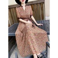 2021夏季新款女神范气质短袖系带碎花长裙V领雪纺印花大摆连衣裙 咖啡色 S