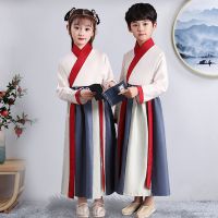 儿童古装汉服男童国学服女童襦裙中国风男孩书童服装三字经演出服 绣花拼接直袖 110cm