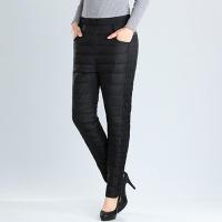 冬季新款中老年羽绒裤女外穿高腰大码加绒修身厚款女士羽绒棉裤子 口袋款 黑色 L