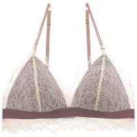 法式睫毛蕾丝边性感三角杯胸罩内衣少女显胸小薄款无钢圈文胸套装 米色拼豆沙文胸 S码70ABC