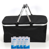 30L保温双提手超市折叠购物篮 环保快餐篮子 牛津布篮子 野餐篮子 黑色普通保温 2只600ml冰袋