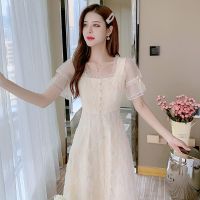 网纱连衣裙金片女装2021年新款早夏款超仙森系中长裙 米白色短袖 裙长93.方块是杏色 XS 70-80斤