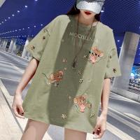 刺绣短袖t恤女学生韩版宽松2021新款ins风闺蜜装夏季百搭上衣服潮 军绿色(刺绣老鼠) XXS 30斤内穿