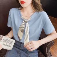 95%棉时尚百搭洋气领结短袖T恤女装夏季新款设计感小众气质上衣潮 蓝色 纯棉面料不起球 M 建议70-90斤