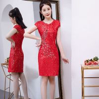 2021凤凰刺绣短旗袍裙短款孔雀图案祺袍裙夏镶钻亮片旗袍 红色 M 80-90斤