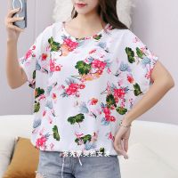 2021夏冰凉棉绸衫蝙蝠袖宽松显瘦遮肚胖mm印花人棉短袖T恤上衣女 W37牡丹花红 M (88-100)斤