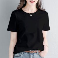 水钻短袖t恤女 镶钻2021女装夏装新款休闲百搭上衣女全棉黑色宽松 纯黑色短袖 S [70-80斤]请按推荐的码数购买