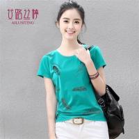艾路丝婷夏装新款女装半袖圆领体恤印花图案短袖棉T恤女3380 亮蓝 S
