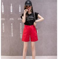 五分牛仔裤女2021夏季新款宽松阔腿直筒短裤外穿休闲高腰大码中裤 红色 S 建议80-90