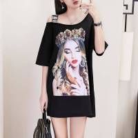 夏季新款短袖露肩t恤韩版性感时尚不规则个性宽松大码女装上衣潮 黑色 S 80-100斤