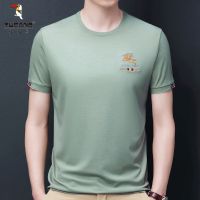 啄木鸟夏季新款男士短袖t恤中青年冰丝圆领刺绣休闲宽松潮流上衣N 7810绿色 (圆领短袖T恤) 165/M 建议120斤