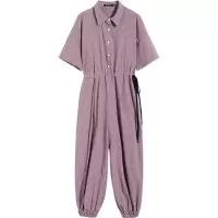 衣品天成格子连体裤女2021新款夏季工装风休闲收脚高腰九分灯笼裤 灰紫色 S