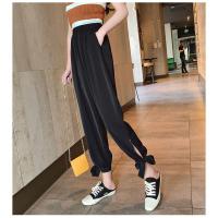 坠感束脚裤女冰丝灯笼裤夏季薄款雪纺哈伦裤宽松九分休闲萝卜裤子 黑色(有口袋) S 80-95斤