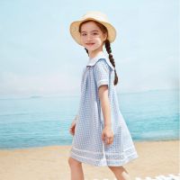 巴拉巴拉旗下棉致女童连衣裙夏装新款洋气夏季中大童格子短袖裙子 蓝色 120