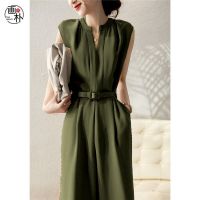 画朴时尚大牌军绿色连体裤女装2021夏季新款褶皱V领腰带收腰长裤 军绿色 M