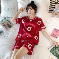 冰丝睡衣女夏季套装短袖薄款夏天大码卡通仿真丝绸学生可爱家居服 单套红小猪 M码 90斤以内