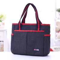 手提包女2021新款女包布包便当包饭盒袋妈咪包大妈妈包母婴外出包 背面加口袋款灰黑色