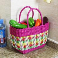 塑料编织手提菜篮子洗澡篮水果购物篮藤编收纳篮洗漱收纳筐野餐篮 粉色花色小号
