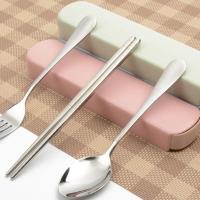 北欧优质不锈钢餐具套装 暑假旅行勺子筷子收纳盒三件套野餐便携3 粉盒+勺+筷