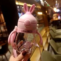 卡通可爱儿童水杯宝宝吸管杯学饮杯手柄背带防摔塑料男女幼儿园 冬夏兔子粉色270ML+背带 官方标配