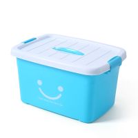 塑料收纳箱整理箱有盖大小号手提杂物储物箱玩具家用衣物收纳盒子 新款蓝色笑脸 手提小号:长27*宽20*高17厘米