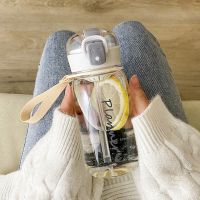 韩版学生塑料杯带刻度吸管杯子耐摔大容量高颜值便携男女随手杯 米白色(400ML) 单杯(不带滤网)