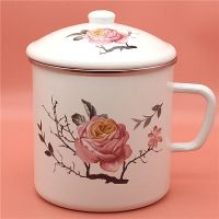 大容量复古搪瓷水杯经典加厚搪瓷缸子带盖老式铁茶杯大号马克杯 12cm梅花盛开(约1000ml)