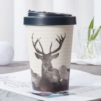 咖啡杯学生水杯ins卡通创意设计奶茶杯带盖竹纤维环保吸管杯 麋鹿 470毫升 黑色杯盖