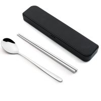 304不锈钢韩式筷子勺子餐具套装学生家用旅行便携式餐具二件套 银色 304不锈钢韩式勺+全方筷(黑盒)