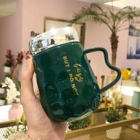 陶瓷马克杯高档情侣水杯办公室镜面带盖复古男女商务送礼杯子潮流 波浪纹翡翠绿450ml