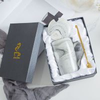 ins杯子女陶瓷杯带盖勺马克杯女学生水杯男情侣杯礼盒生日礼物女 灰色 普通装