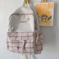 ins森系小清新高中书包女学生韩版初中格子简约学院风双肩包背包 粉色升级款 单包无挂件