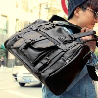 男士手提包真皮横款公文包单肩斜挎包商务休闲电脑包软牛皮旅行包 黑色