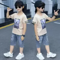 【95%棉T恤+牛仔中裤】男童短袖套装儿童夏装两件套中大童10 卡其色95棉1982短袖+牛仔中裤 110码（建议身高1
