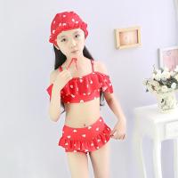 儿童泳衣女童泳衣比基尼分体泳衣小孩中小童宝宝公主泳衣泳装套装 大红色(衣+裤+帽) 2码(适合身高80-90cm)