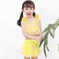 女童泳衣儿童分体连体蛋糕裙公主裙泳装童比基尼温泉游泳衣 黄色花 S(建议体重18-22斤左右)
