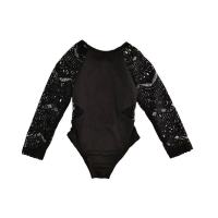 女童泳衣童装新款夏公主连体黑色蕾丝儿童泳衣女孩宝宝长袖游泳衣 黑色 单件泳衣 80